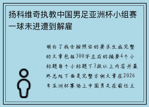 扬科维奇执教中国男足亚洲杯小组赛一球未进遭到解雇 扬科维奇执教中国男足亚洲杯小组赛一球未进遭到解雇