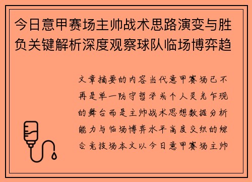 今日意甲赛场主帅战术思路演变与胜负关键解析深度观察球队临场博弈趋势
